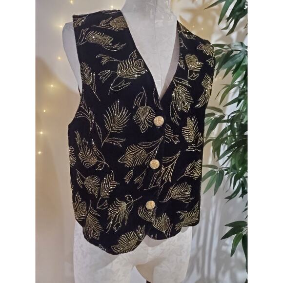 Dressbarn Vtg Velvet Glitter Sparkle Gold Button Waistcoat Vest Womens Sz L NWT - Picture 4 of 9